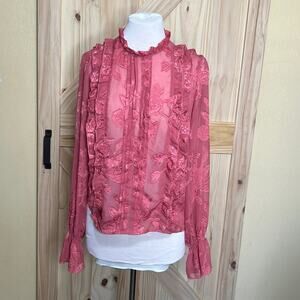 Leith Sheer Floral Blouse Womens Medium Long Sleeve Ruffles